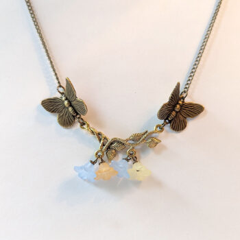 Antique Bronze Butterflies on Branch with Flowers Vintage Style Necklace