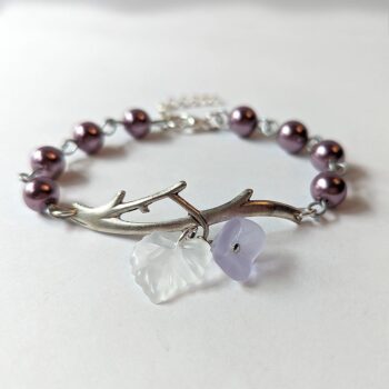 Antique Silver Branch Leaf Flower Purple Beads Bracelet