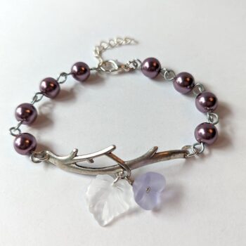 Antique Silver Branch Leaf Flower Purple Beads Bracelet - Image 2