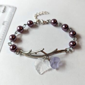 Antique Silver Branch Leaf Flower Purple Beads Bracelet - Image 3