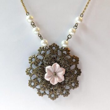 Antique Bronze Pink Flower White Glass Beads Vintage Style Floral Necklace