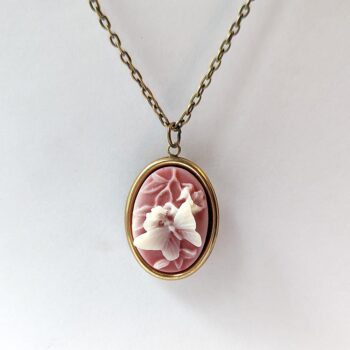 Antique Bronze Cameo Butterfly White Pink Vintage Style Necklace