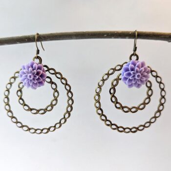 Antique Bronze Large Hoop Lilac Purple Chrysanthemum Flower Vintage Style Earrings