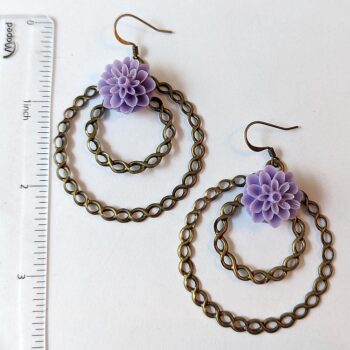 Antique Bronze Large Hoop Lilac Purple Chrysanthemum Flower Vintage Style Earrings - Image 2