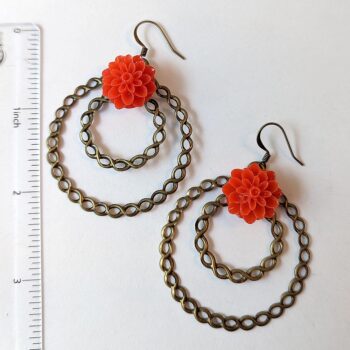 Antique Bronze Large Hoop Red Chrysanthemum Flower Vintage Style Earrings - Image 2