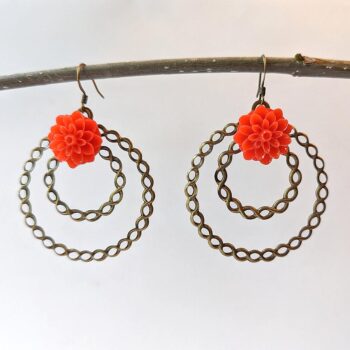 Antique Bronze Large Hoop Red Chrysanthemum Flower Vintage Style Earrings