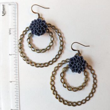 Antique Bronze Large Hoop Navy Blue Chrysanthemum Flower Vintage Style Earrings - Image 3