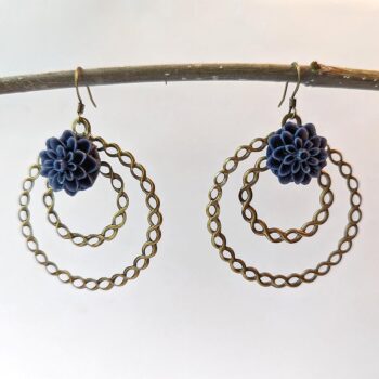 Antique Bronze Large Hoop Navy Blue Chrysanthemum Flower Vintage Style Earrings