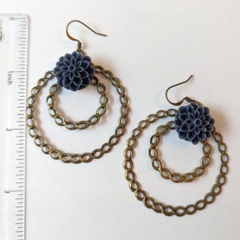 Antique Bronze Large Hoop Navy Blue Chrysanthemum Flower Vintage Style Earrings - Image 2