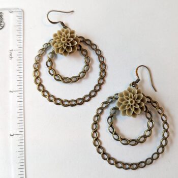 Antique Bronze Large Hoop Beige Chrysanthemum Flower Vintage Style Earrings - Image 2