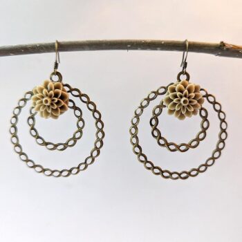 Antique Bronze Large Hoop Beige Chrysanthemum Flower Vintage Style Earrings