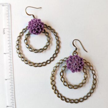 Antique Bronze Large Hoop Purple Chrysanthemum Flower Vintage Style Earrings - Image 2