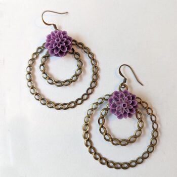 Antique Bronze Large Hoop Purple Chrysanthemum Flower Vintage Style Earrings