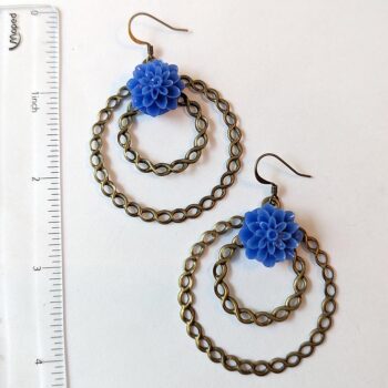 Antique Bronze Large Hoop Blue Chrysanthemum Flower Vintage Style Earrings - Image 2