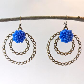 Antique Bronze Large Hoop Blue Chrysanthemum Flower Vintage Style Earrings