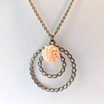 Antique Bronze Large Hoop Peach Chrysanthemum Flower Vintage Style Necklace