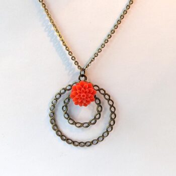 Antique Bronze Large Hoop Red Chrysanthemum Flower Vintage Style Necklace