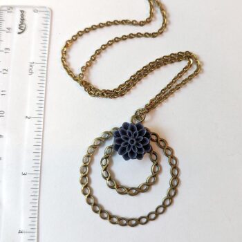 Antique Bronze Large Hoop Navy Blue Chrysanthemum Flower Vintage Style Necklace - Image 2