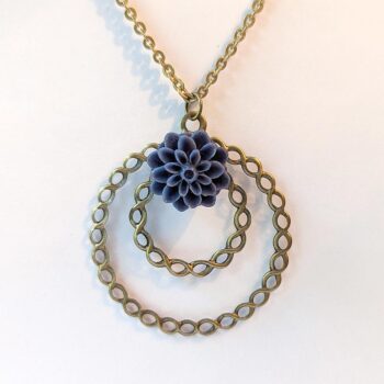 Antique Bronze Large Hoop Navy Blue Chrysanthemum Flower Vintage Style Necklace