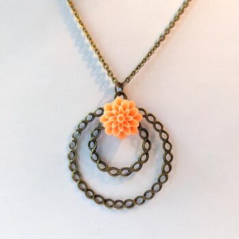 Antique Bronze Large Hoop Orange Chrysanthemum Flower Vintage Style Necklace