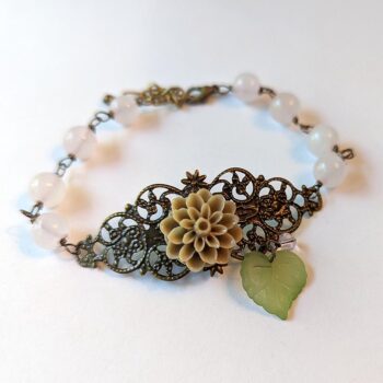 Antique Bronze Beige Flower with Leaf Agate Beads Bracelet