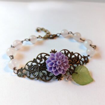 Antique Bronze Lilac Purple Flower Leaf Agate Beads Bracelet