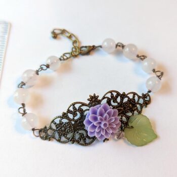 Antique Bronze Lilac Purple Flower Leaf Agate Beads Bracelet - Image 2