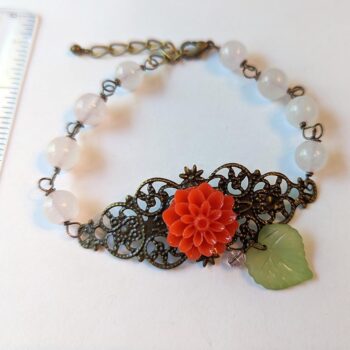 Antique Bronze Red Flower Leaf Agate Beads Bracelet - Image 2