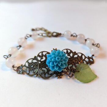 Antique Bronze Turquoise Blue Flower Leaf Agate Bea