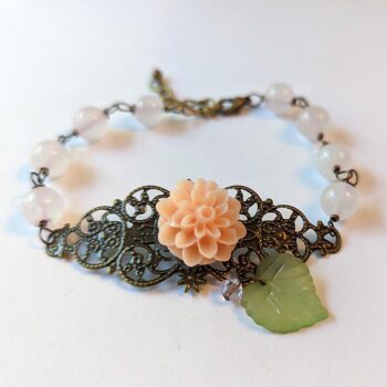 Antique Bronze Peach Flower Leaf Agate Beads Bracelet