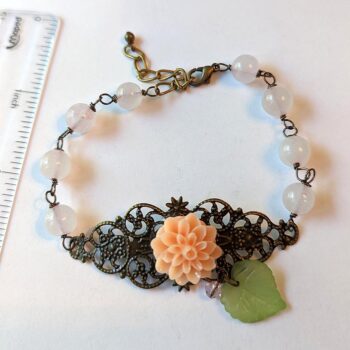 Antique Bronze Peach Flower Leaf Agate Beads Bracelet - Image 2