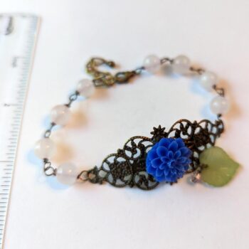 Antique Bronze Blue Flower Leaf Agate Beads Bracelet - Image 2