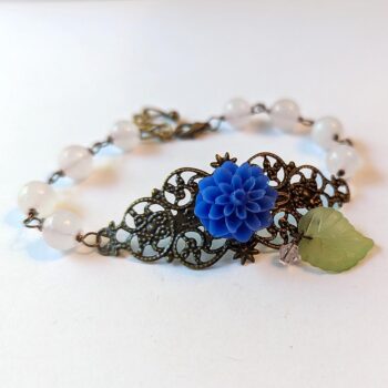 Antique Bronze Blue Flower Leaf Agate Beads Bracelet