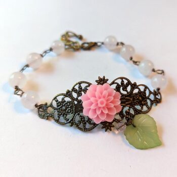 Antique Bronze Pink Flower Leaf Agate Beads Bracelet