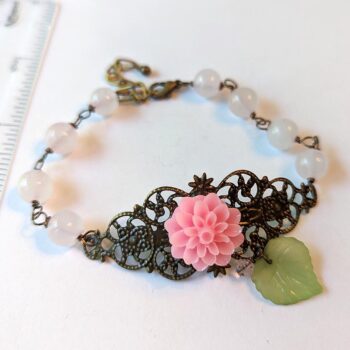 Antique Bronze Pink Flower Leaf Agate Beads Bracelet - Image 2