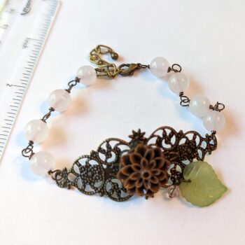 Antique Bronze Brown Flower with Leaf Agate Beads Bracelet - Image 3