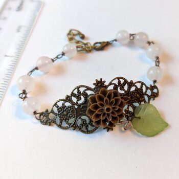 Antique Bronze Brown Flower with Leaf Agate Beads Bracelet - Image 2