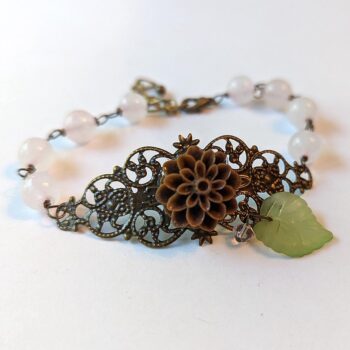 Antique Bronze Brown Flower with Leaf Agate Beads Bracelet