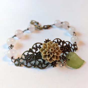 Antique Bronze Beige Flower with Leaf Agate Beads Bracelet