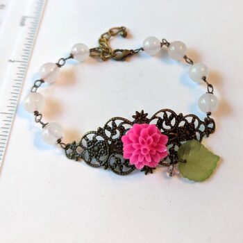 Antique Bronze Hot Pink Flower Leaf Agate Beads Bracelet - Image 2