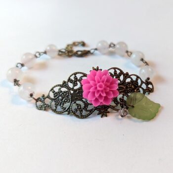 Antique Bronze Hot Pink Flower Leaf Agate Beads Bracelet