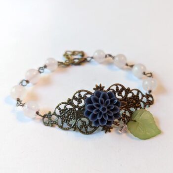 Antique Bronze Navy Blue Flower Leaf Agate Beads Bracelet