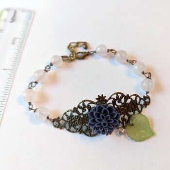 Antique Bronze Navy Blue Flower Leaf Agate Beads Bracelet - Image 2