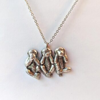 Antique Silver See Hear Speak No Evil Monkey's Vintage Style Necklace