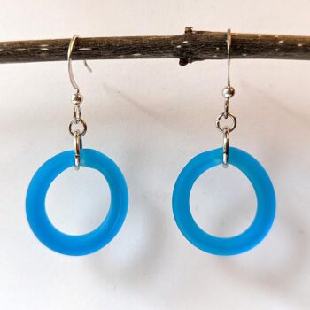 Silver Handmade Blue Frosted Glass Hoop Earrings