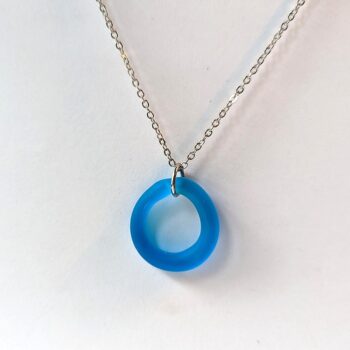 Silver Handmade Blue Frosted Glass Hoop Pendant Necklace