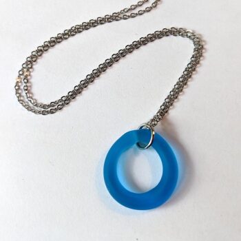 Silver Handmade Blue Frosted Glass Hoop Pendant Necklace - Image 2