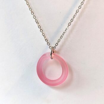 Silver Handmade Pink Frosted Glass Hoop Pendant Necklace