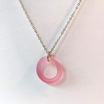 Silver Handmade Pink Frosted Glass Hoop Pendant Necklace - Image 4