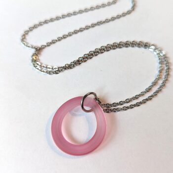 Silver Handmade Pink Frosted Glass Hoop Pendant Necklace - Image 3